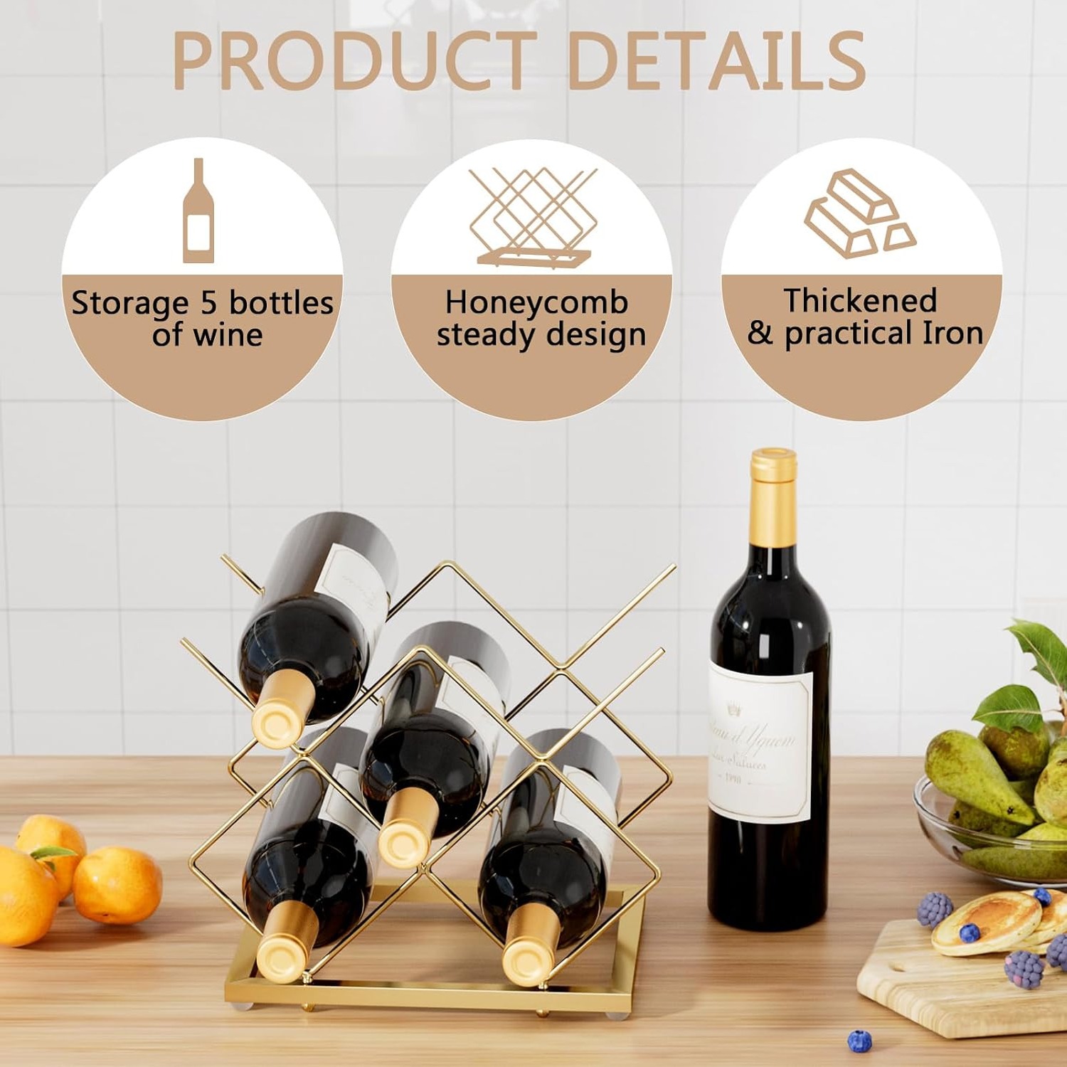Urban Deco 5 Bottle Gold Countertop Wine Rack