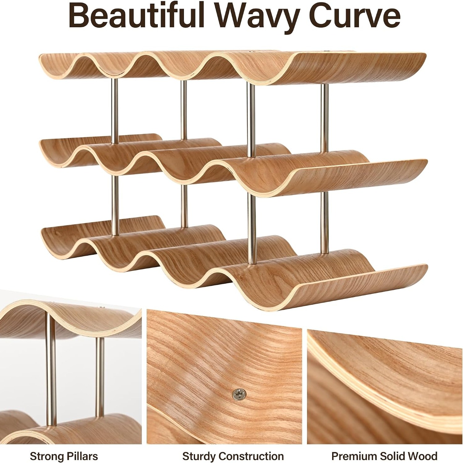 Wavy Wooden 12 Bottle Countertop Wine Rack