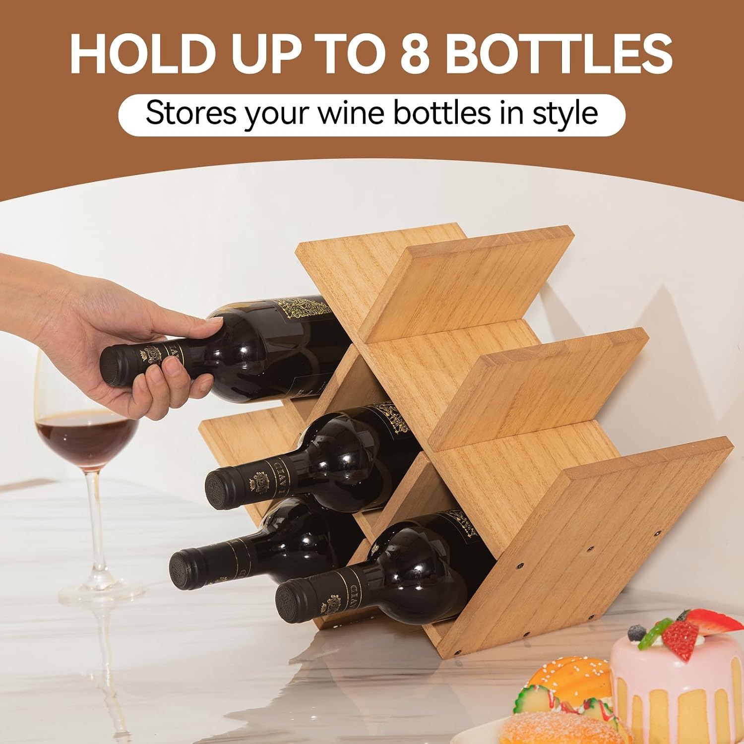 KIRIGEN 3-Tier Wooden Wine Rack, 8 Bottle Countertop Holder