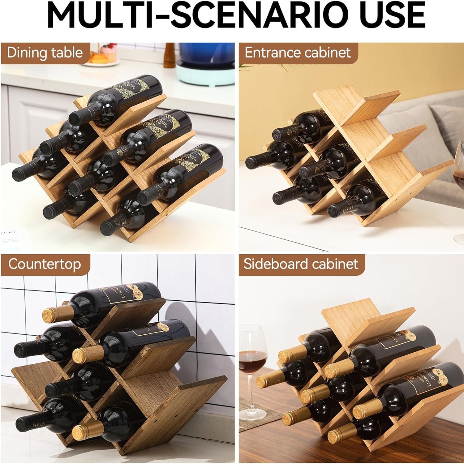 KIRIGEN 3-Tier Wooden Wine Rack, 8 Bottle Countertop Holder